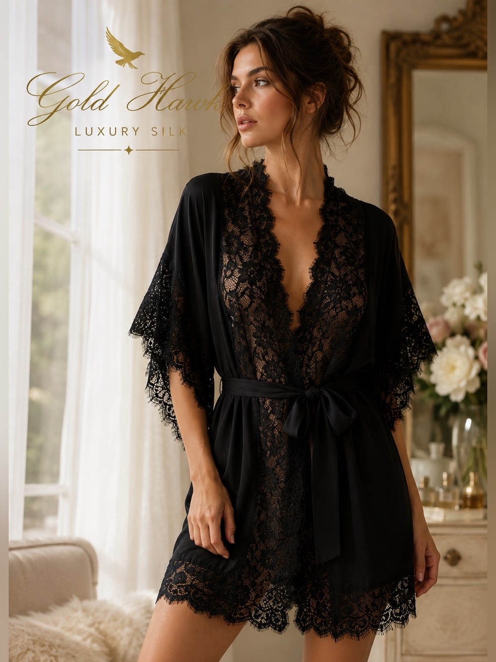 NWT Gold Hawk Black Silk Eyelash Lace Kimono Robe Size Small